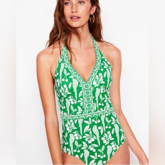 Boden Other - Boden Green Halter One-Piece Swimsuit with White Floral Print